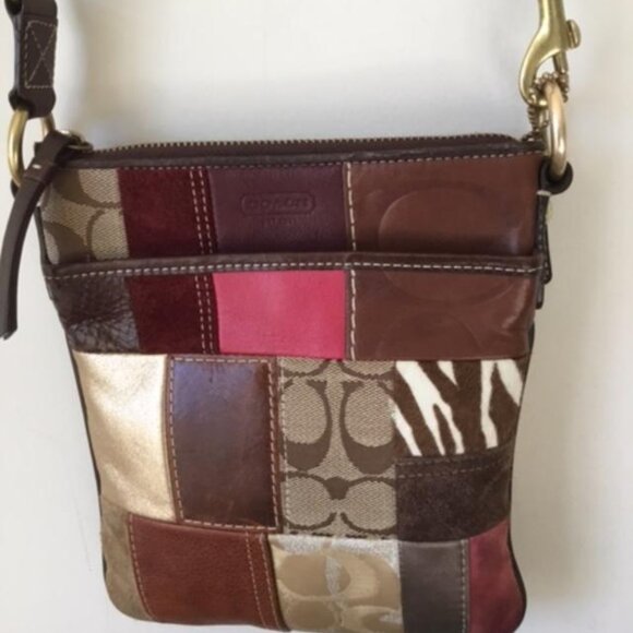 COACH Signature Patchwork Multicolor Canvas Leather Suede Shoulder Bag Crossbody - Picture 3 of 11